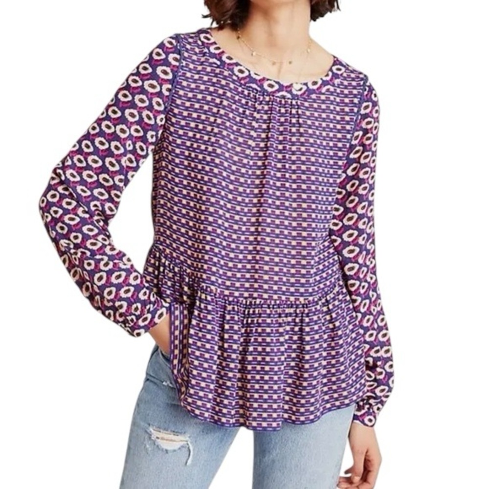 LN Anthropologie Maeve Cheyenne Blue Pink Floral Geometric Print Peplum Blouse L
